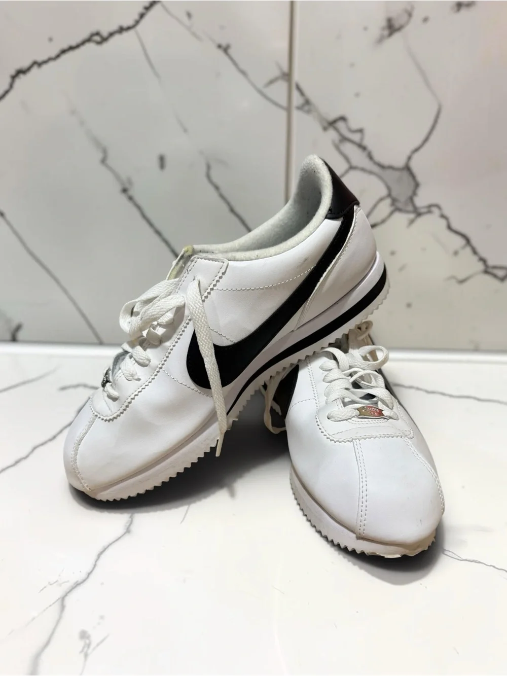 Nike Men’s White Leather Sneakers with Black Swoosh